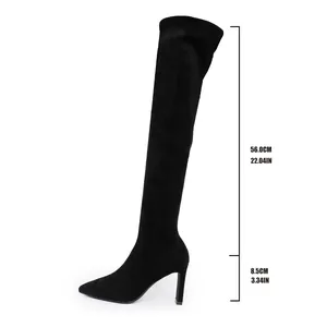 Detailed view of black suede over-the-knee boots showing shaft height and heel measurements