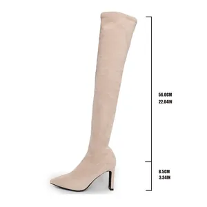 Detail view of beige suede over-the-knee boots with 8.5cm stiletto heel and shaft dimensions.