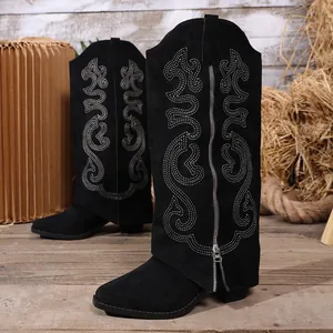 Detailed view of black suede embroidered western knee-high boots with front zipper