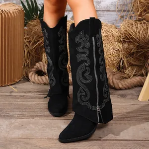 Women's black embroidery knee-high boots with pointed toe and chunky heel
