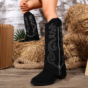 Close-up detail of black suede Western knee-high boots featuring white floral embroidery