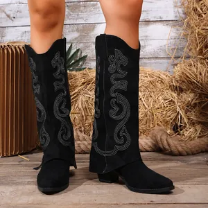 Detail shot of elegant black suede western boots with intricate white embroidery