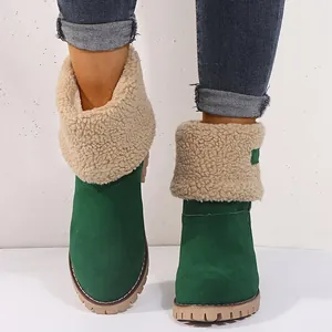 Women's stylish green suede snow boots with thick warm cream fleece lining for winter