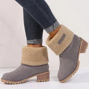 Women's gray suede block heel winter boots with warm beige faux shearling lining