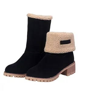 Women's black fleece-lined winter snow boots with chunky heel and two-way wear design