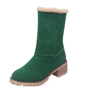 Elegant green suede mid-calf winter snow boots with chunky heel and warm fleece lining