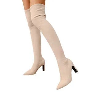 Elegant beige suede pointed-toe thigh-high elastic boots with high heels on white