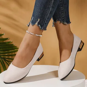 Detailed side view of elegant beige pointed-toe low block heel shoes worn by a model