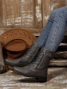 Graue Schnür-Stiefeletten für Damen mit Reißverschluss und Blockabsatz im Martin-Stil.