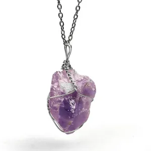 Handmade wire-wrapped natural amethyst raw stone necklace with elegant silver chain