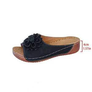 Women's dark blue wedge slippers with flower detail and 4cm heel height measurement