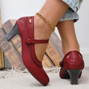 Nahaufnahme von weinroten Vintage-Mary-Jane-Pumps mit Spulenfersen und eleganten Riemendetails