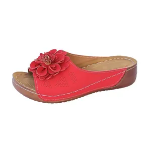 Comfortable red wedge sandals for women with elegant large flower decoration detail