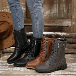 Damen Martin Boots Wadenhoch Rund Zehe PU Leder Seitlicher Reißverschluss Schnürung Lässig Herbst Winter Stiefel