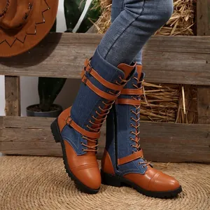 Stylish women's mid-calf denim and leather patchwork boots with lace-up buckle straps