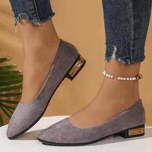 Elegant grey suede pointed-toe flats with gold-accented square heels for stylish women