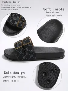 Gedetailleerde weergaven van zwarte slippers met zachte binnenzool en antislipzoolontwerp