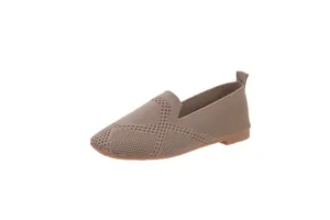 Detailed view of women's taupe fly-woven knit flats with square toe and soft sole