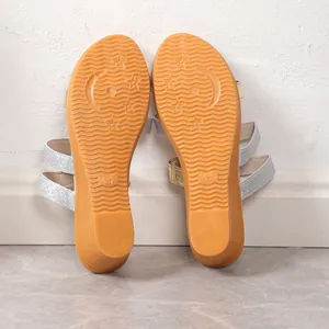 Detail view of anti-slip wavy sole of women's wedge sandals with size mark 37.