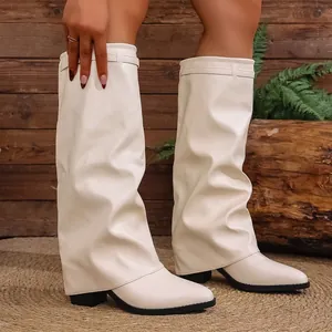 Elegant off-white pointed toe slouchy knee-high pant leg boots with thick heels for women