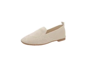 Side view of beige knitted flat shoes with square toe and soft sole for women