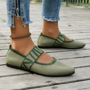 Detailed view of olive green breathable flyknit pointed-toe flat shoes for women