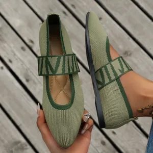 Elegant pointed-toe olive green fly-knit flat shoes for women with breathable slip-on design