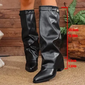 Black pointed-toe slouchy high boots with 6.5cm heel height and metal buckle details