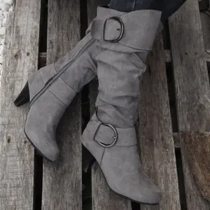 Women Mid Calf Boots Faux Suede Slouchy Boots With Buckle Side Zipper Cone Heel Retro Slouchy Boots For Autumn Winter