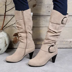 Elegant Western style beige suede mid-calf high heel boots with decorative buckle detail