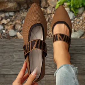 Pointed toe breathable knit flat shoes for women in stylish brown, perfect for spring