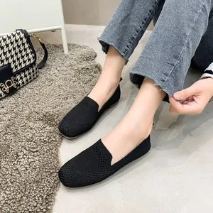 Comfortable black fly-knit flats with square toe and soft sole for women's casual wear
