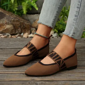 Breathable brown knitted pointed-toe flats with patterned elastic strap for women
