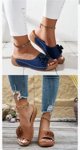 Detailed view of women's platform wedge sandals with elegant floral accents and cutouts