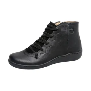 Elegant black flat lace-up ankle boots for women with side zipper and leather texture
