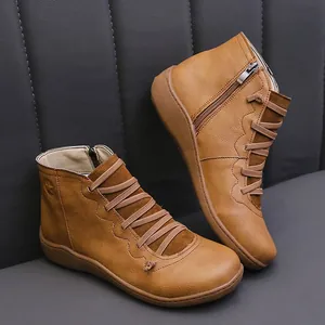 Casual women's brown faux-leather ankle boots featuring side zipper and comfort wedge sole