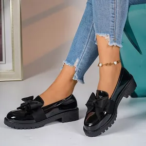 Women's Patent Leather Loafers Vintage Large Bow Platform Shoes Plus Size Elegant Slip-on Dress Flats For Daily Wear School Office