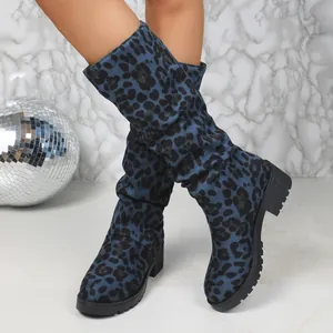 Macro view of blue leopard print slouchy suede boots with stylish block heel design