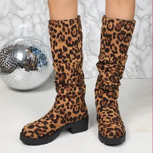 Women Leopard Print Slouchy Boots Faux Suede Slouch Boots Fashion Chunky Heel Round Toe Mid-Calf Boots Autumn Winter Party Wear