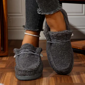 Cozy grey plush loafers for women with thick soles and warm lining