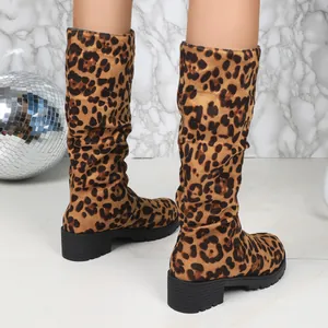 Rear view detail of women's leopard print suede slouchy boots with stylish chunky heels