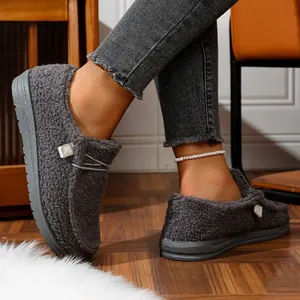 Detailed close-up view of grey plush winter loafers with thick warm lining and non-slip sole