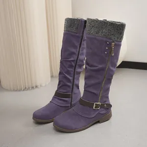Women's Round Toe Knight Boots Knee High Slouchy Winter Boots With Knit Cuff Buckle Strap Rivet Detail Side Zipper Tall Boots