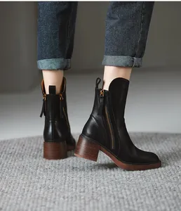 Retro black mid-calf boots with side zipper and stylish chunky wooden heel