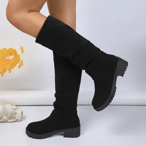 Stylish black suede slouchy knee-high boots for women with comfortable chunky low heels