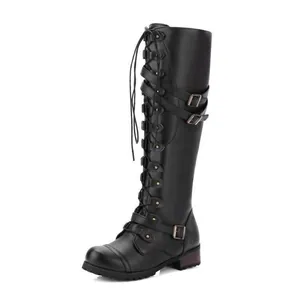 Side view of black knee-high knight boots with decorative buckles and front lacing.