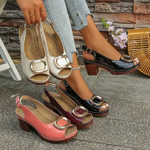 Women Chunky High Heel Sandals Peep Toe Patent Leather Square Metal Buckle Slingback Platform Daily Casual Shoes