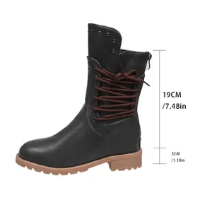 Detailed view of black mid-calf knight boots with rivet decor and dimension measurements
