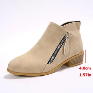 Detailed view of the 4.0cm block heel on these stylish beige suede ankle boots.