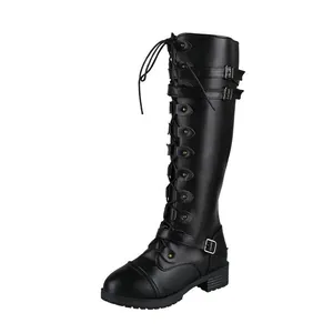 Elegantes botas de moto negras con cordones y hebillas, botas de caballero planas altas.